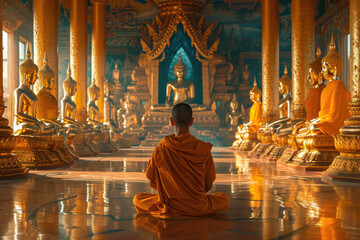 A monk meditating in the lotus position in front of golden Buddhas
