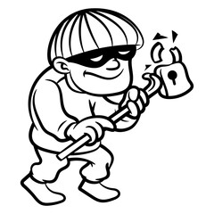 Cartoon illustration of A Thief breaking padlock with crowbar. Best for outline, mascot, and logo for antivirus software or program security issues themes