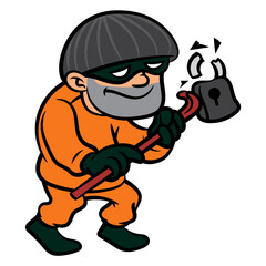 Cartoon illustration of A Thief breaking padlock with crowbar. Best for sticker, mascot, and logo for antivirus software or program security issues themes