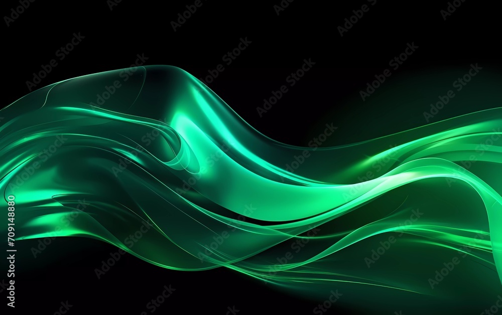 Poster 3d rendering. abstract twisted brush strokes glow with dark green neon light. generative ai