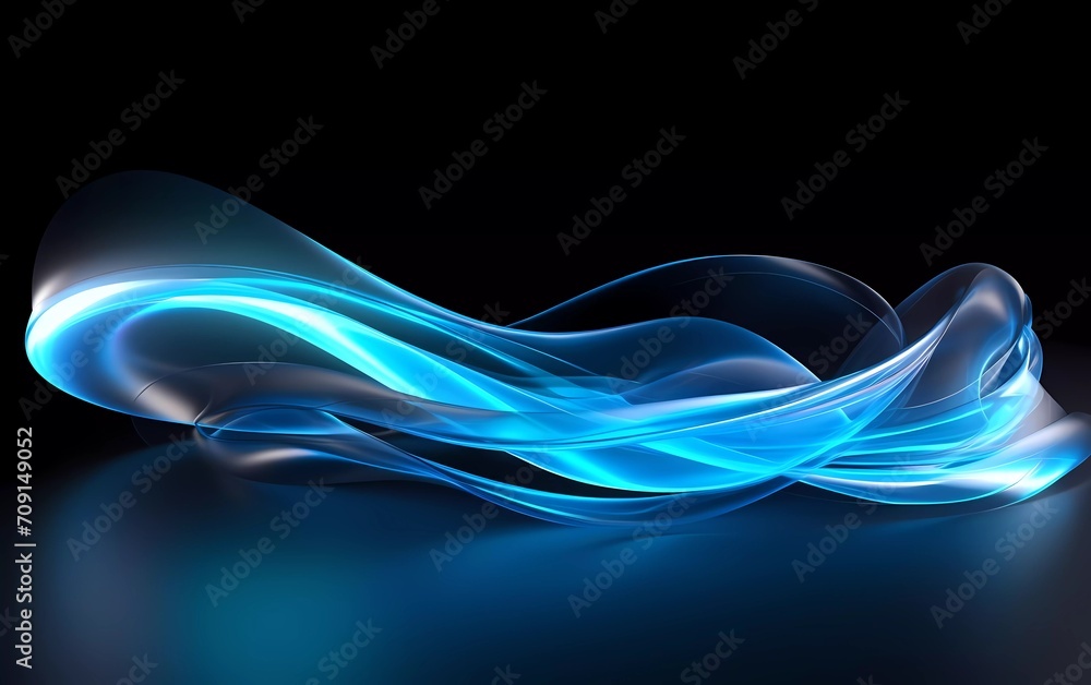 Poster 3d rendering. abstract twisted brush strokes glow with light blue neon light. generative ai
