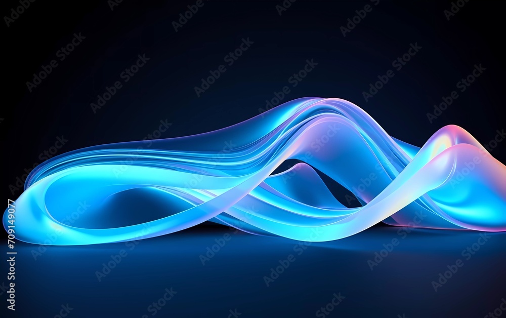 Poster 3d rendering. abstract twisted brush strokes glow with light blue neon light. generative ai
