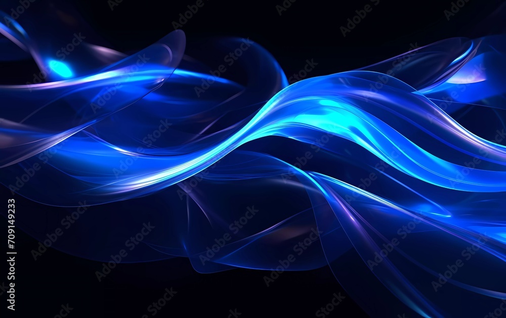 Poster 3d rendering. abstract twisted brush strokes glow with dark blue neon light. generative ai