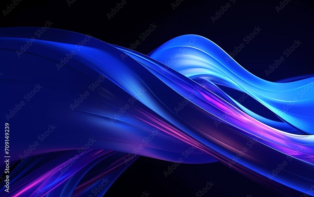 Poster 3d rendering. abstract twisted brush strokes glow with dark blue neon light. generative ai