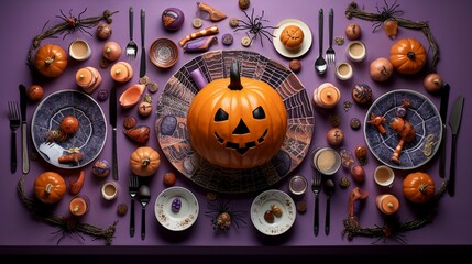 Enchanting Halloween Tableau: Overhead Shot of Jack-o'-lantern and Cobweb Plates, Spooky Cutlery, and Eerie Decorations in a Festive Autumn Celebration