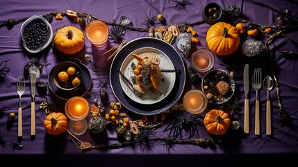 Enchanting Halloween Tableau: Overhead Shot of Jack-o'-lantern and Cobweb Plates, Spooky Cutlery, and Eerie Decorations in a Festive Autumn Celebration