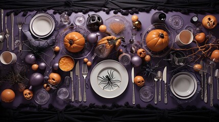 Enchanting Halloween Tableau: Overhead Shot of Jack-o'-lantern and Cobweb Plates, Spooky Cutlery, and Eerie Decorations in a Festive Autumn Celebration