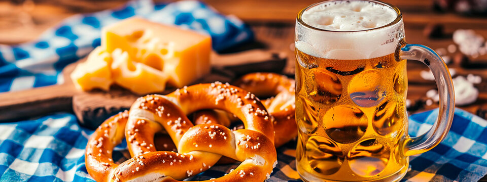 A Mug Of German Beer And Soft Pretzels And Cheese On A Table With A Checkered Blue Tablecloth At Oktoberfest. Selective Focus.