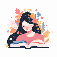 Girl reading a book flat illustration on floral background 