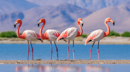 Colorful flock of flamingos gathered in a shallow lake, capturing their elegant movements and vibrant plumage