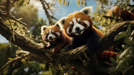 Naklejka premium A detailed rendering showcases a pair of red pandas frolicking in the treetops, their playful nature on full display