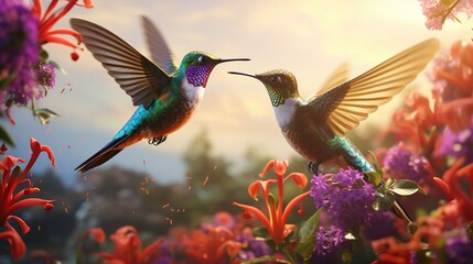 Obraz premium Rendering showcases a pair of hummingbirds sipping nectar from a cluster of colorful flowers