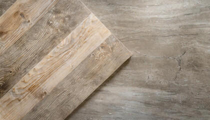 Top view of a wooden pedestal on a textured marble table. Ideal for food display or culinary presentations, flatlay background., flatlay background.