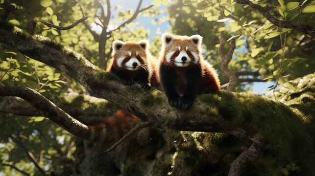 A detailed rendering showcases a pair of red pandas frolicking in the treetops, their playful nature on full display