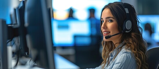 Office woman provides customer support, advisory, and online services with computer and call center. Receptionist at desk facilitates contact, communication, and CRM using technology and internet.