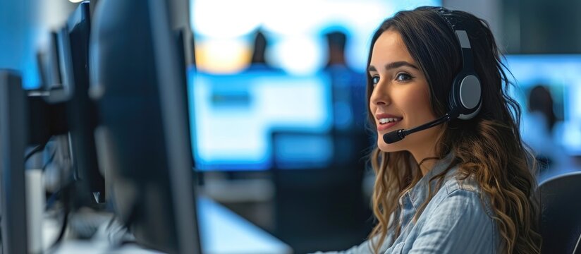 Office woman provides customer support, advisory, and online services with computer and call center. Receptionist at desk facilitates contact, communication, and CRM using technology and internet.
