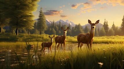 A high-definition image captures a lively meadow, where a family of deer frolics among the tall grass - obrazy, fototapety, plakaty