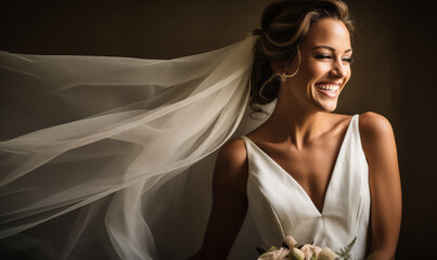 Radiant Bride in Elegant Gown Laughing, Vintage Style Bridal Portrait with Flowing Veil, Timeless Wedding Day Happiness