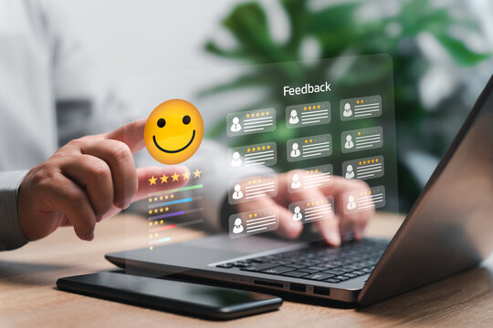 Customer Satisfaction Survey and feedback on business work concept, Businessman check service experience rating online, and customer feedback, Satisfaction Review best quality of product