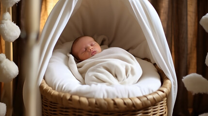 a baby sleeping in a basket - Powered by Adobe