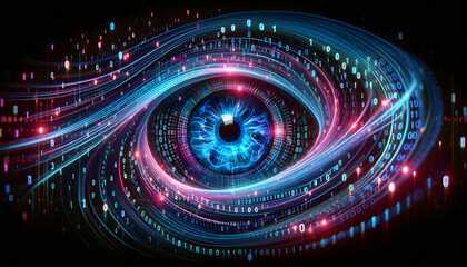 Obraz premium An intricate, vibrant digital representation of an eye, symbolizing vision or surveillance technology