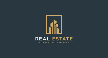 Black and Gold Real Estate Logo Design. Flat Vector Logo Design Template Element for Construction Architecture Building Logos.