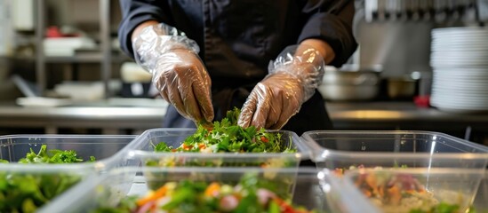 Cafe staff cooking and packaging takeout orders safely during the coronavirus outbreak. Chef...