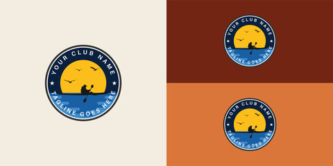 Naklejka premium The Kayak boat paddle pedal, the silhouette of a river stream kayaker logo design, is presented with multiple background colors. The logo is suitable for the water sports activity logo design template