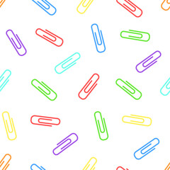 Multicolored paper clips on white background. Vector seamless pattern. Best for textile, wallpapers, wrapping paper, package and web design.