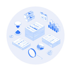 Financial audit and business analysis concept. Documents with charts graphs, magnifying glass, calendar, money, coins, hourglass. Vector outline illustration with isometry scene for web graphic