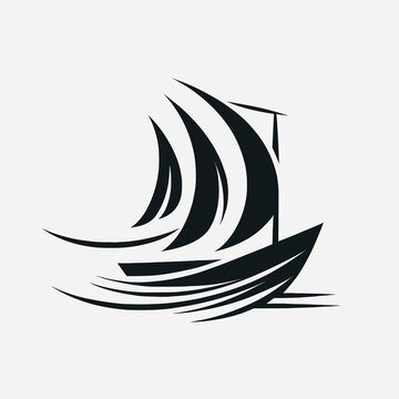 A black and white silhouette of a sailboat, minimalist abstract image