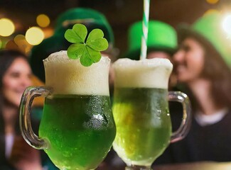 Green Saint Patrick celebration green cocktail beverage decorated with clover, closeup photography, unfocused group of friends having fun on the background.