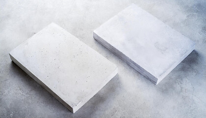 Top view of a smooth concrete pedestal on a textured concrete table. Ideal for product display or food presentations, flatlay background.