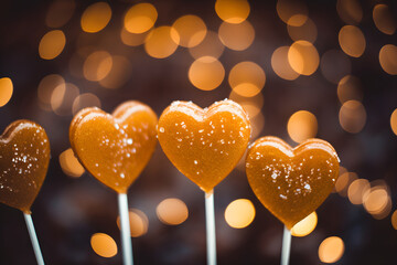 Close-up photo of salted caramel heart shaped sweets on a stick on a blurred background with lights. Caramel candy romantic symbol of love for Valentine's Day. Banner concept for festive celebration.
