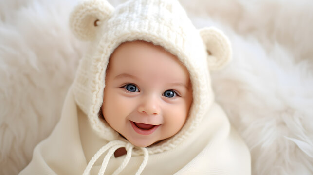a baby wearing a white knit hat