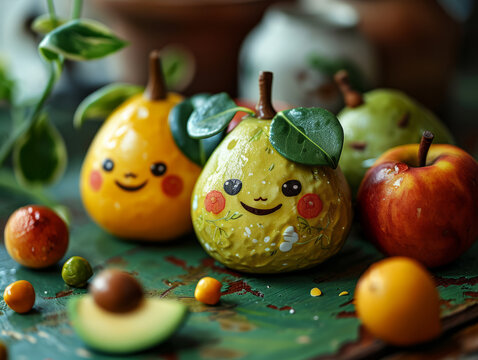 Assorted Fruit With Playful Faces. A Charming and Whimsical Image. An image capturing the delightful sight of a group of fruit