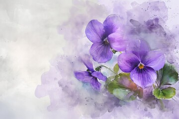 Violets background : Represent faithfulness, modesty, and virtue, valentine theme, watercolor, big copy space.