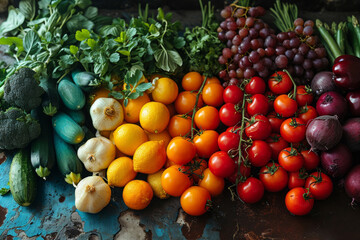 Assorted Fruits and Vegetables Displayed on a Table. A colorful assortment of fresh fruits and vegetables spread out on a clean table.