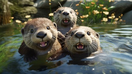 In this realistic 3D render, a family of otters plays in a clear stream, their playful antics bringing joy to the scene