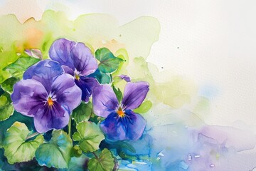 Violets background : Represent faithfulness, modesty, and virtue, valentine theme, watercolor, big copy space.