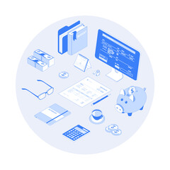 Accounting, bookkeeping, calculation. Bill, tax, receipt payment. Account form, documents, calculator, money. Vector outline illustration with isometry scene for web graphic