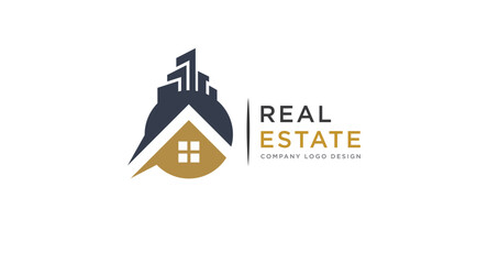 Black and Gold Real Estate Logo Design. Flat Vector Logo Design Template Element for Construction Architecture Building Logos. - obrazy, fototapety, plakaty