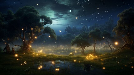 In this realistic 3D render, a field of fireflies illuminates the night, creating a magical and enchanting scene