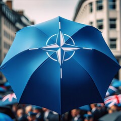 Blue umbrella with a NATO symbol against the background of a gathered crowd of people in the city.  - obrazy, fototapety, plakaty