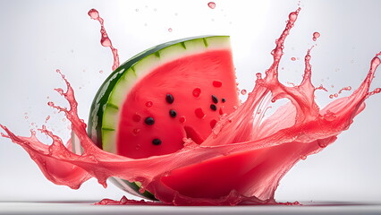 Watermelon with splashes of juice close-up, isolated on a white background
