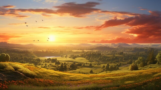 A 3D-rendered image captures a radiant sunrise over a serene countryside, painting the world in warm hues