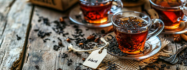 black tea in a cup on the table. Selective focus. - obrazy, fototapety, plakaty