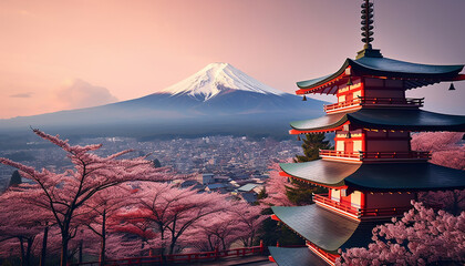 Fototapeta premium Fujiyoshida, Japan Beautiful view of mountain Fuji and Chureito pagoda at sunset, japan in the spring with cherry blossoms
