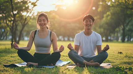 Asian couple exercising In the morning, sit and do yoga on the green grass in the outdoor park. they smile happy and healthy. fitness concept, health care