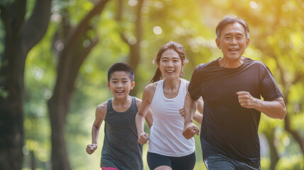 Asian family exercising and jogging together at the park. Group of Asian father mother and daughter...